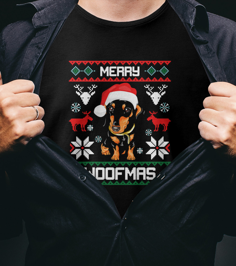 Merry Woofmas Dachshund Christmas Holiday Sweater Doxie T-Shirt