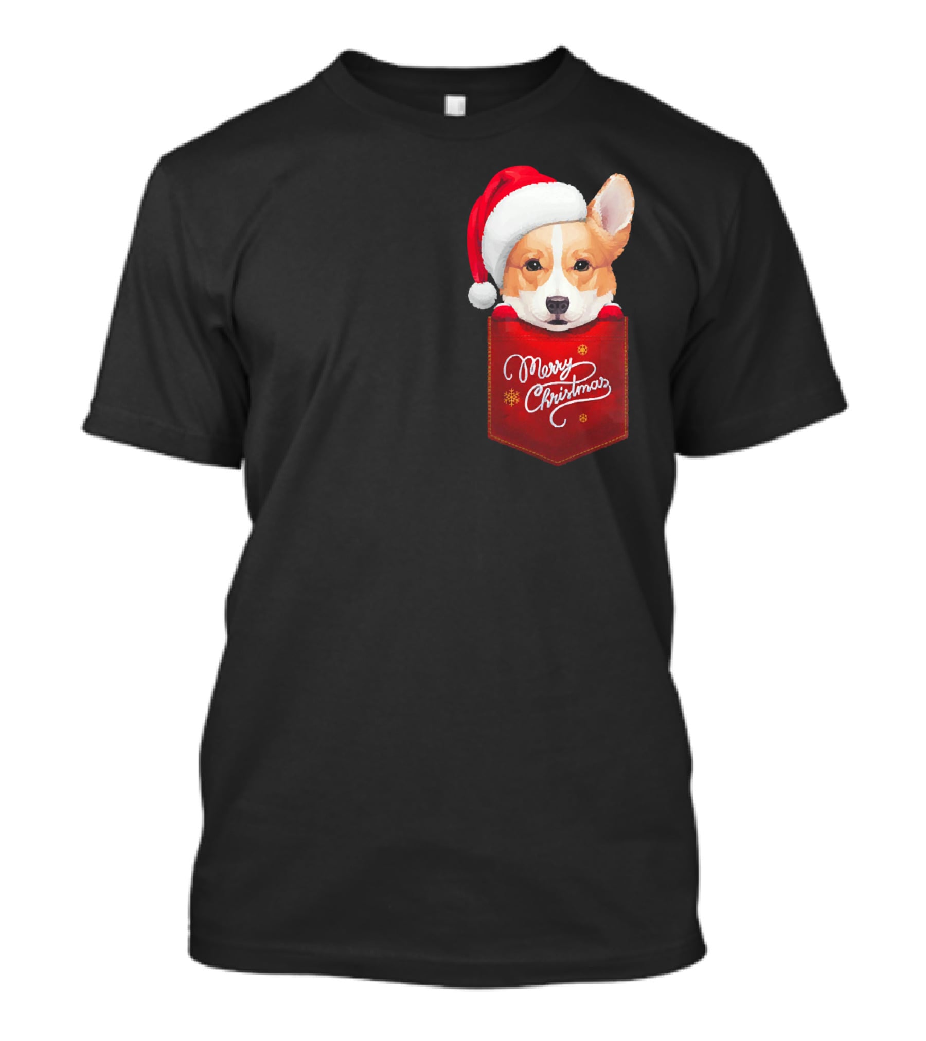 Merry Christmas Welsh Corgi In Santa Hat Pocket T-Shirt