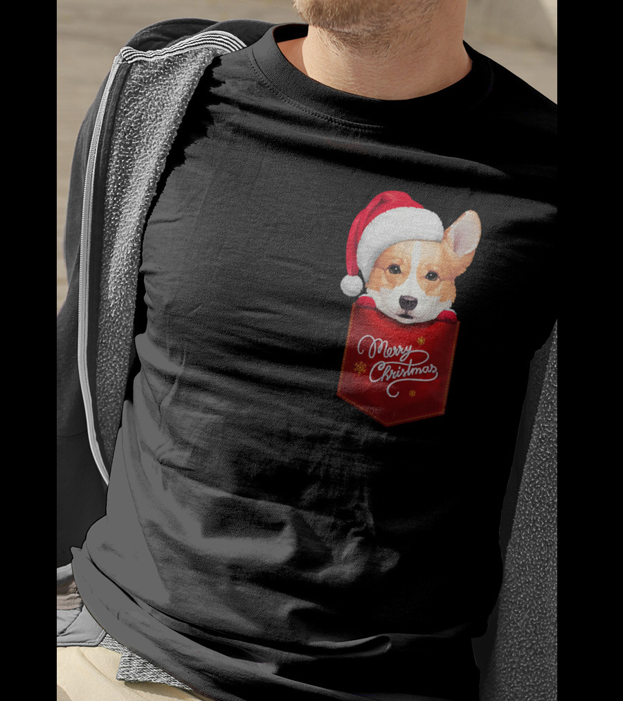 Merry Christmas Welsh Corgi In Santa Hat Pocket T-Shirt