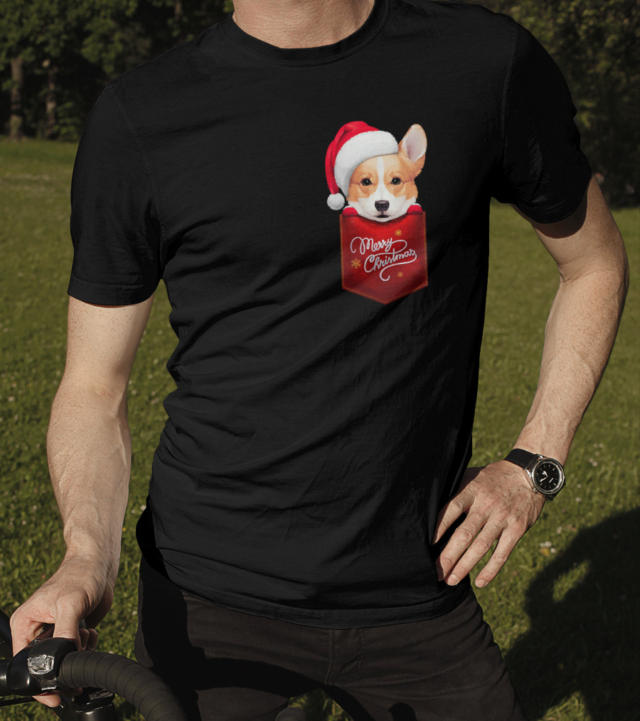 Merry Christmas Welsh Corgi In Santa Hat Pocket T-Shirt