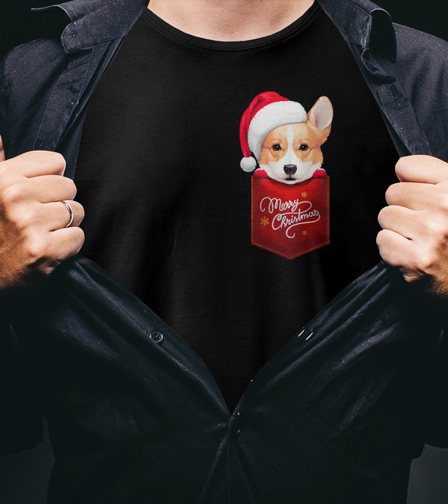 Merry Christmas Welsh Corgi In Santa Hat Pocket T-Shirt
