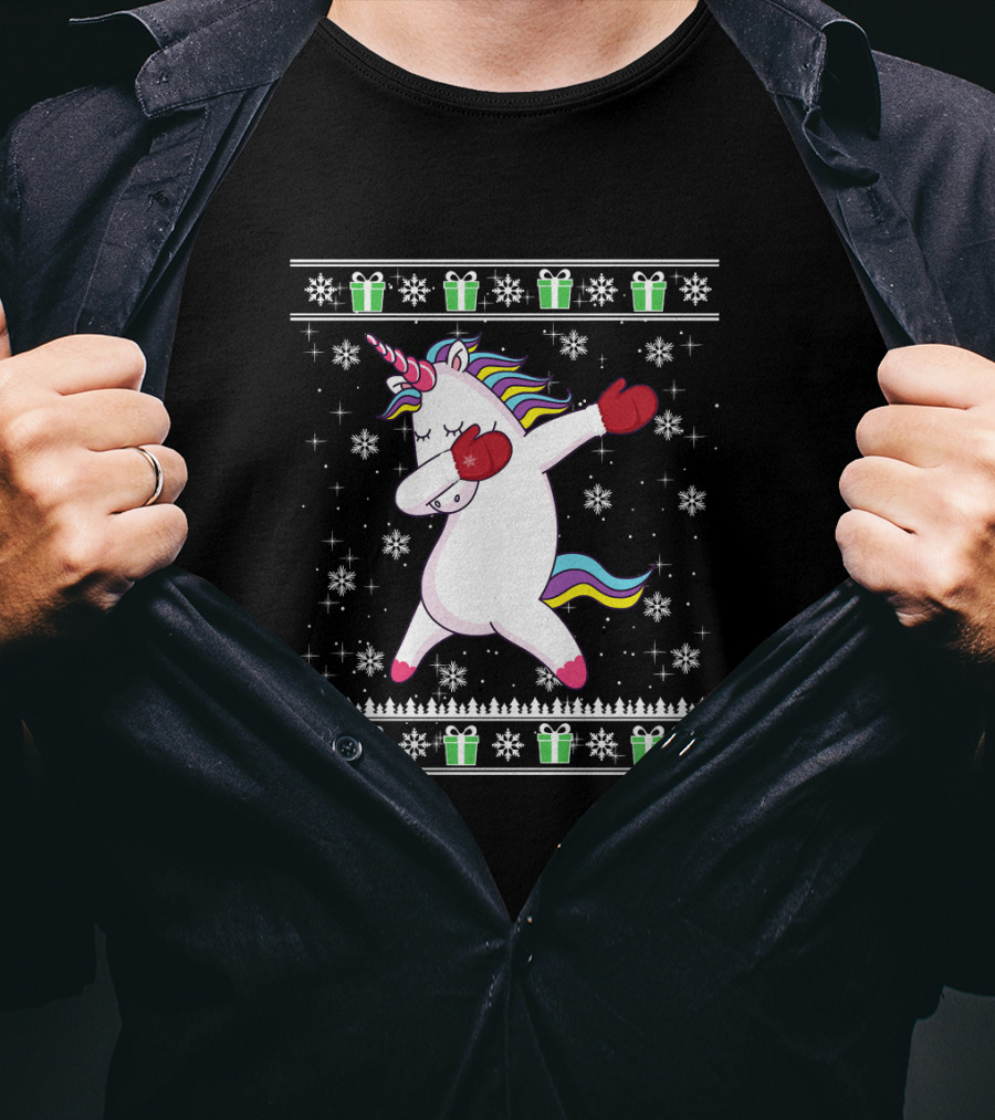 Dabbing Christmas Unicorn With Boxing Gloves Snowflakes And Gifts T-Shirt