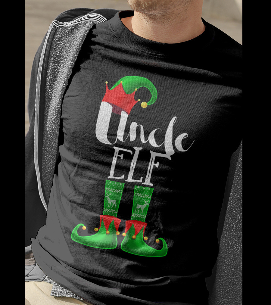 Uncle Elf Christmas Outfit With Santa Hat And Festive Green Boots T-Shirt
