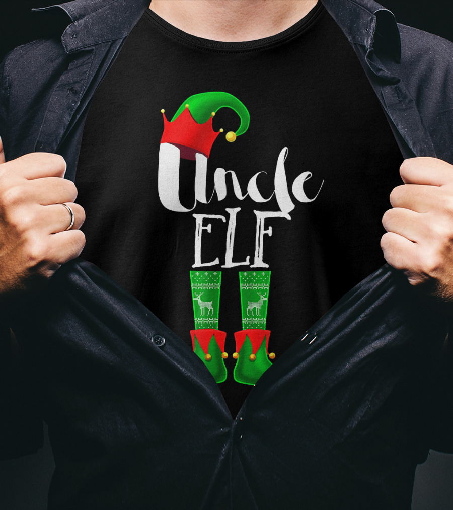 Uncle Elf Christmas Outfit With Santa Hat And Festive Green Boots T-Shirt