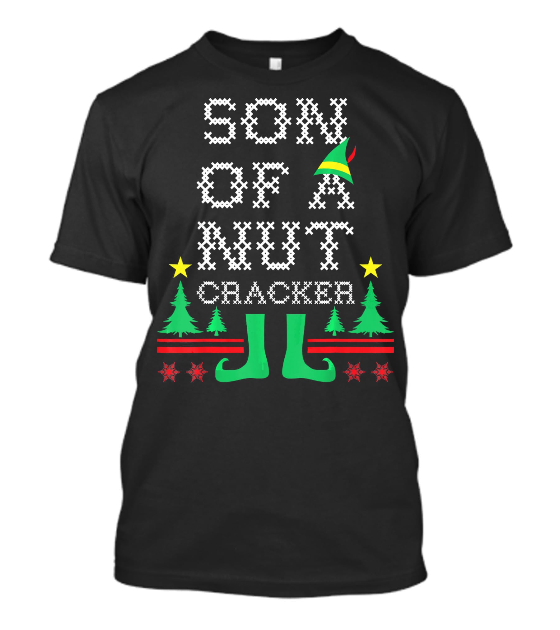 Son Of A Nutcracker Ugly Christmas Elf Hat Trees Stars Snowflakes T-Shirt