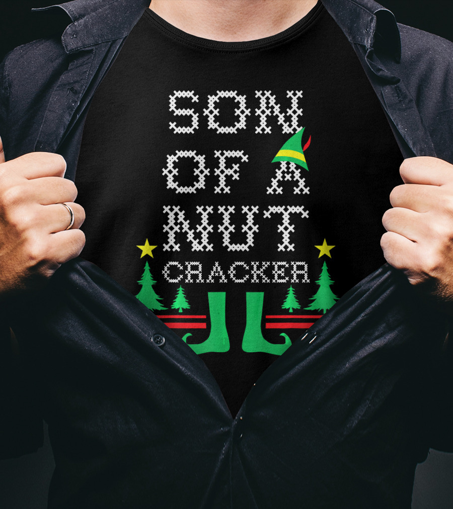 Son Of A Nutcracker Ugly Christmas Elf Hat Trees Stars Snowflakes T-Shirt