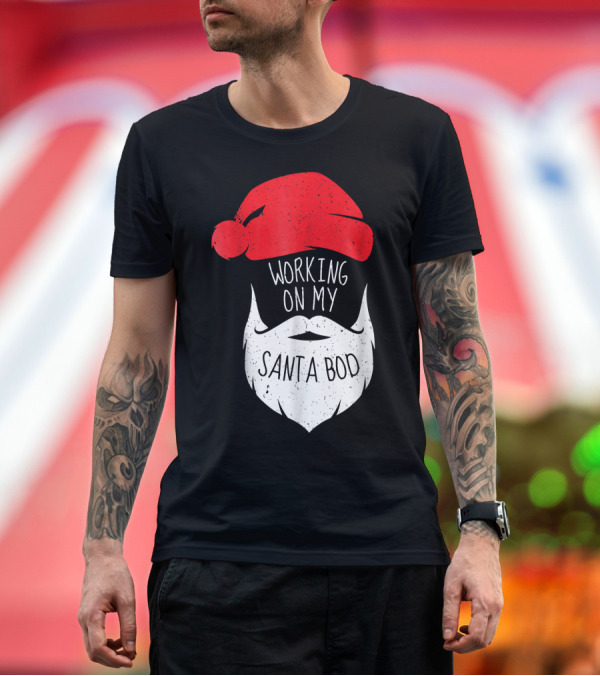 Premium T-Shirt: Mens Working on My Santa Bod Beard Santa Hat T-Shirt Mens Working on My Santa Bod Beard Santa Hat T-Shirt