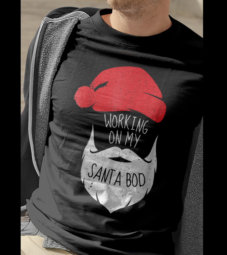 Mens Working On My Santa Bod Beard Santa Hat T-Shirt