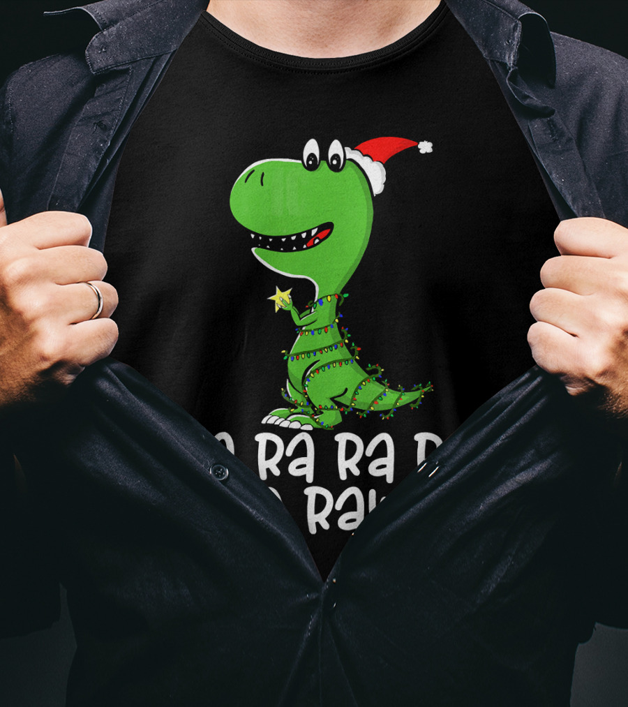 Fa Ra Ra Ra Rawr Dinosaur Christmas Lights Santa Hat T-Shirt