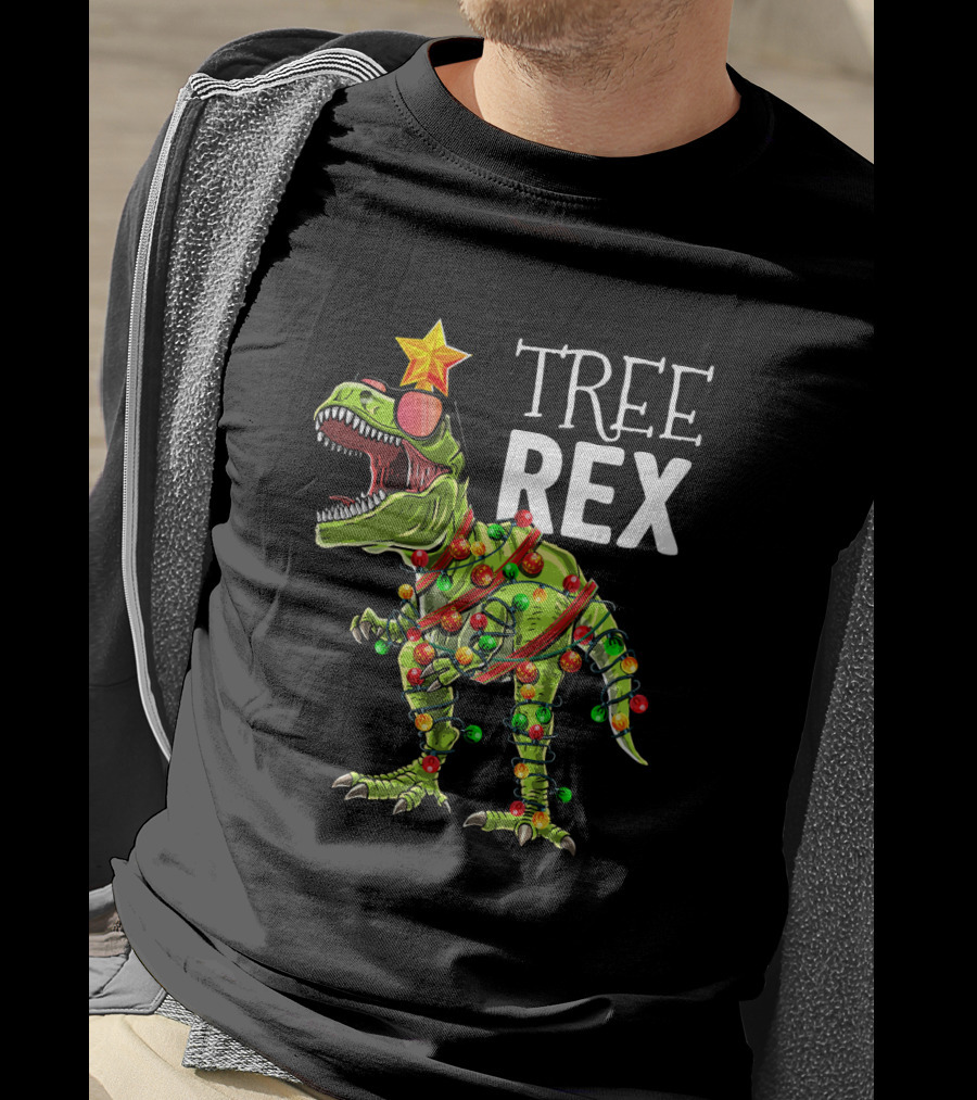 Tree Rex Dinosaur With Christmas Lights And Star T-Shirt
