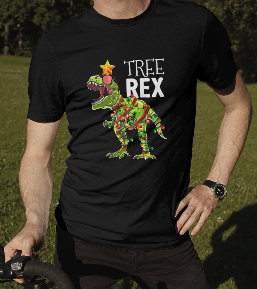 Tree Rex Dinosaur With Christmas Lights And Star T-Shirt