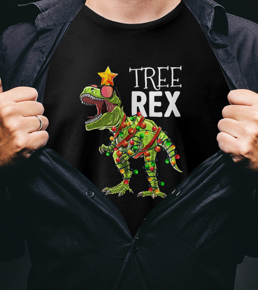 Tree Rex Dinosaur With Christmas Lights And Star T-Shirt