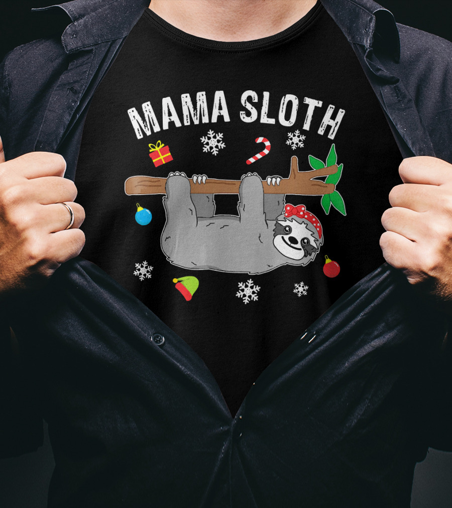 Mama Sloth Christmas Snowflakes Candy Cane Hanging T-Shirt