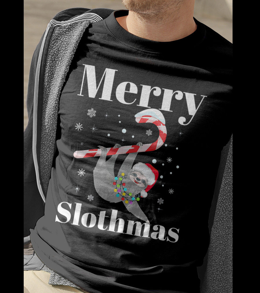 Merry Slothmas Christmas Sloths Candy Cane Santa Hat Snowflakes T-Shirt