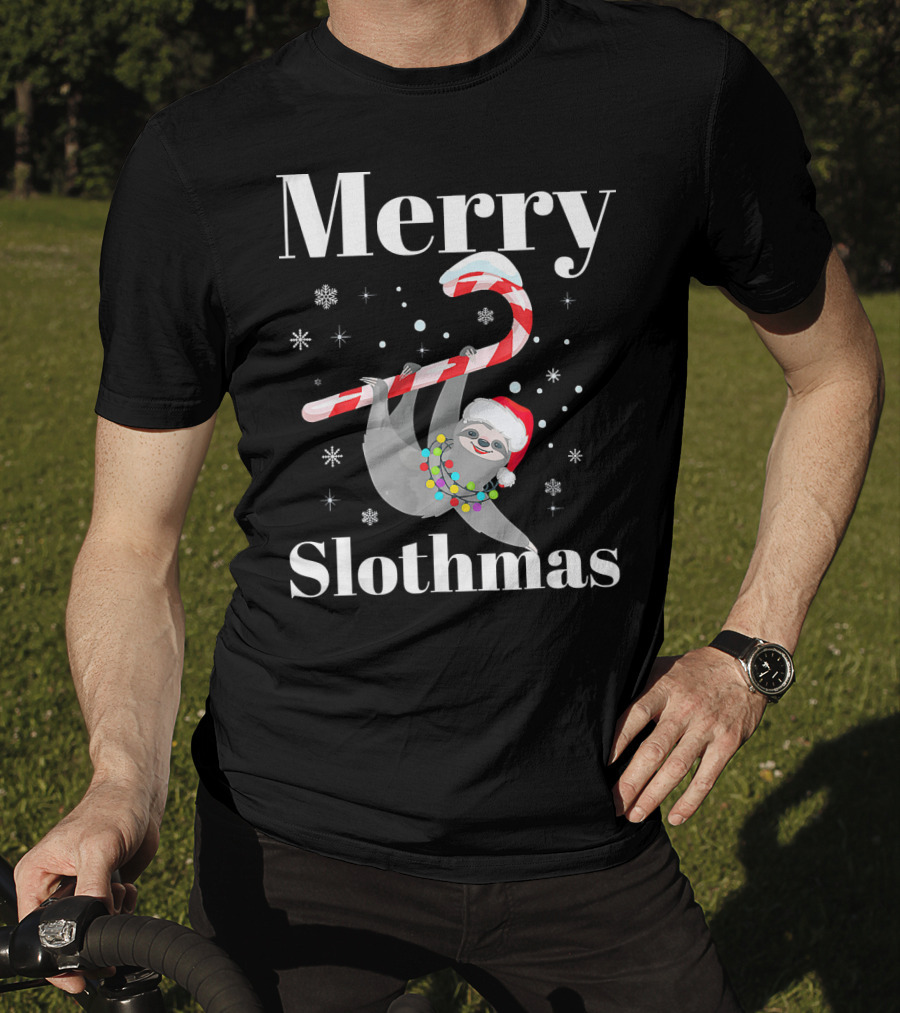 Merry Slothmas Christmas Sloths Candy Cane Santa Hat Snowflakes T-Shirt