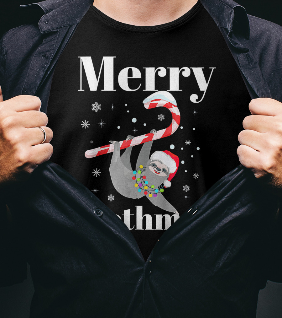 Merry Slothmas Christmas Sloths Candy Cane Santa Hat Snowflakes T-Shirt