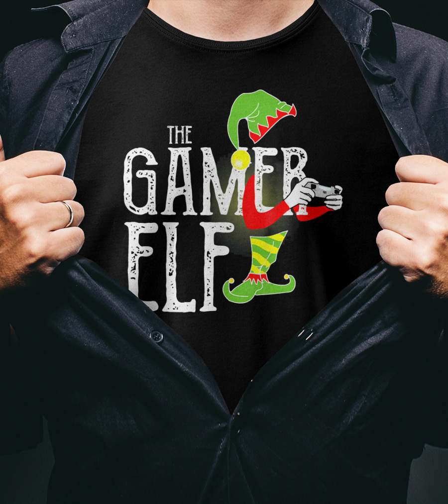 The Gamer Elf With Controller And Festive T-Shirt