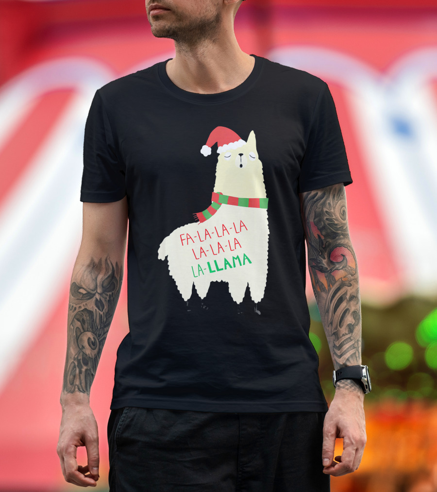 Fa La La La Llama Holiday Llama in Santa Hat and Scarf T-Shirt