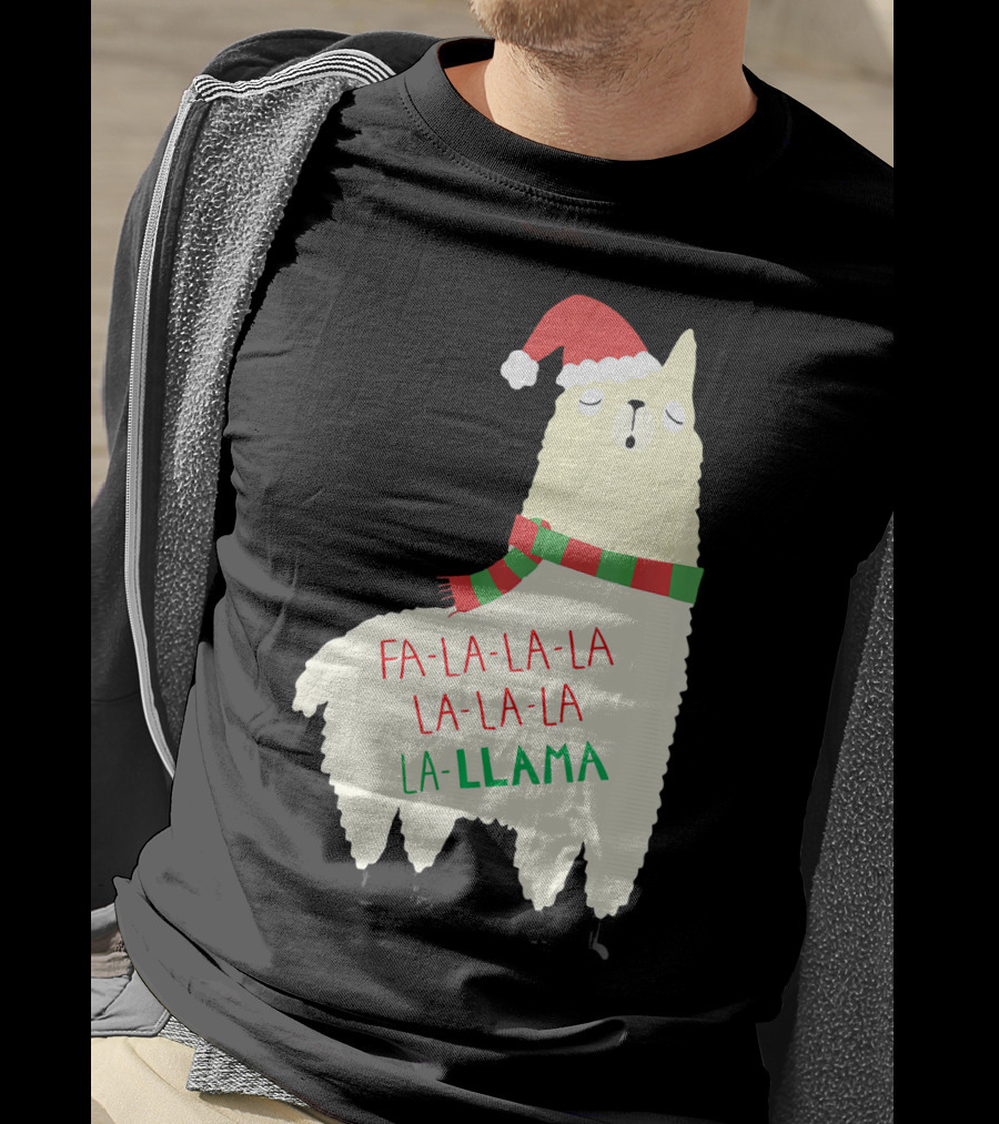 Fa La La La Llama Holiday Llama In Santa Hat And Scarf T-Shirt