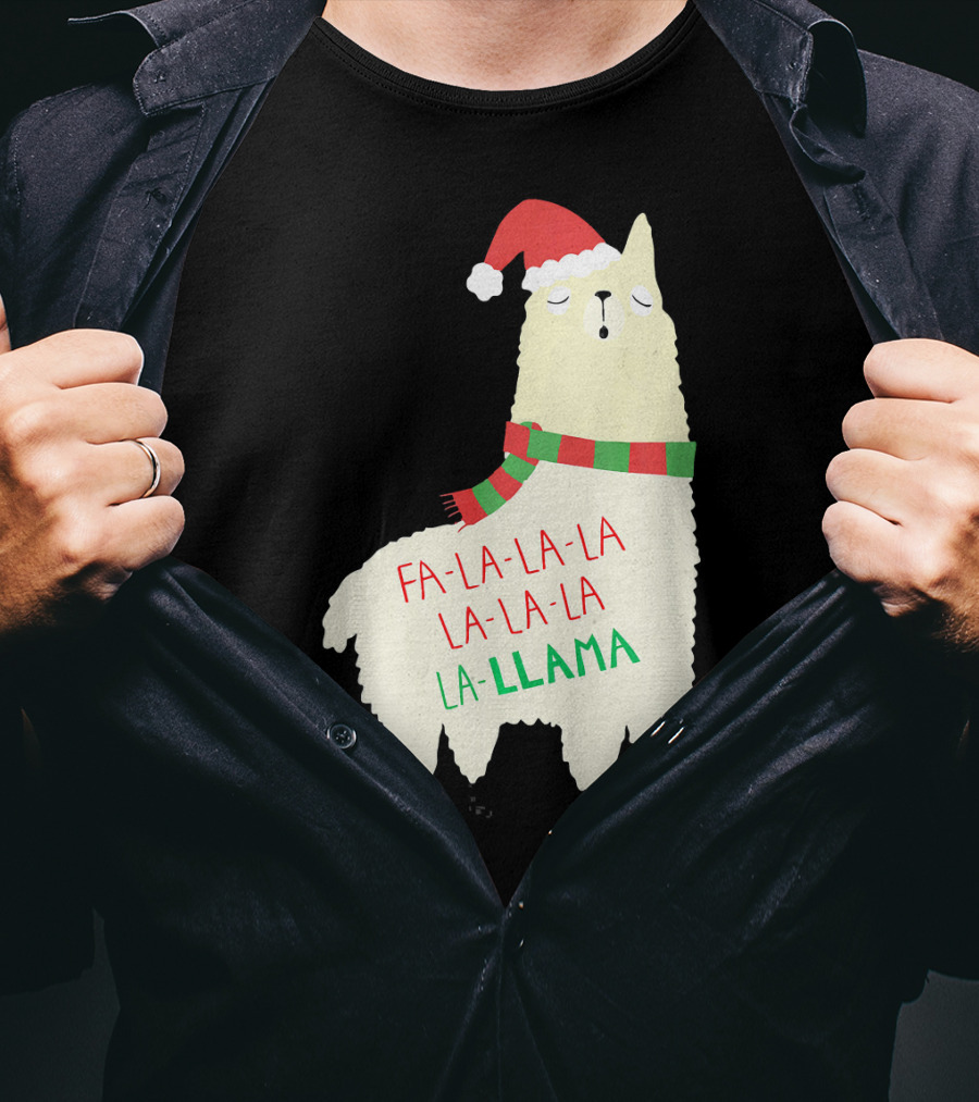 Fa La La La Llama Holiday Llama In Santa Hat And Scarf T-Shirt