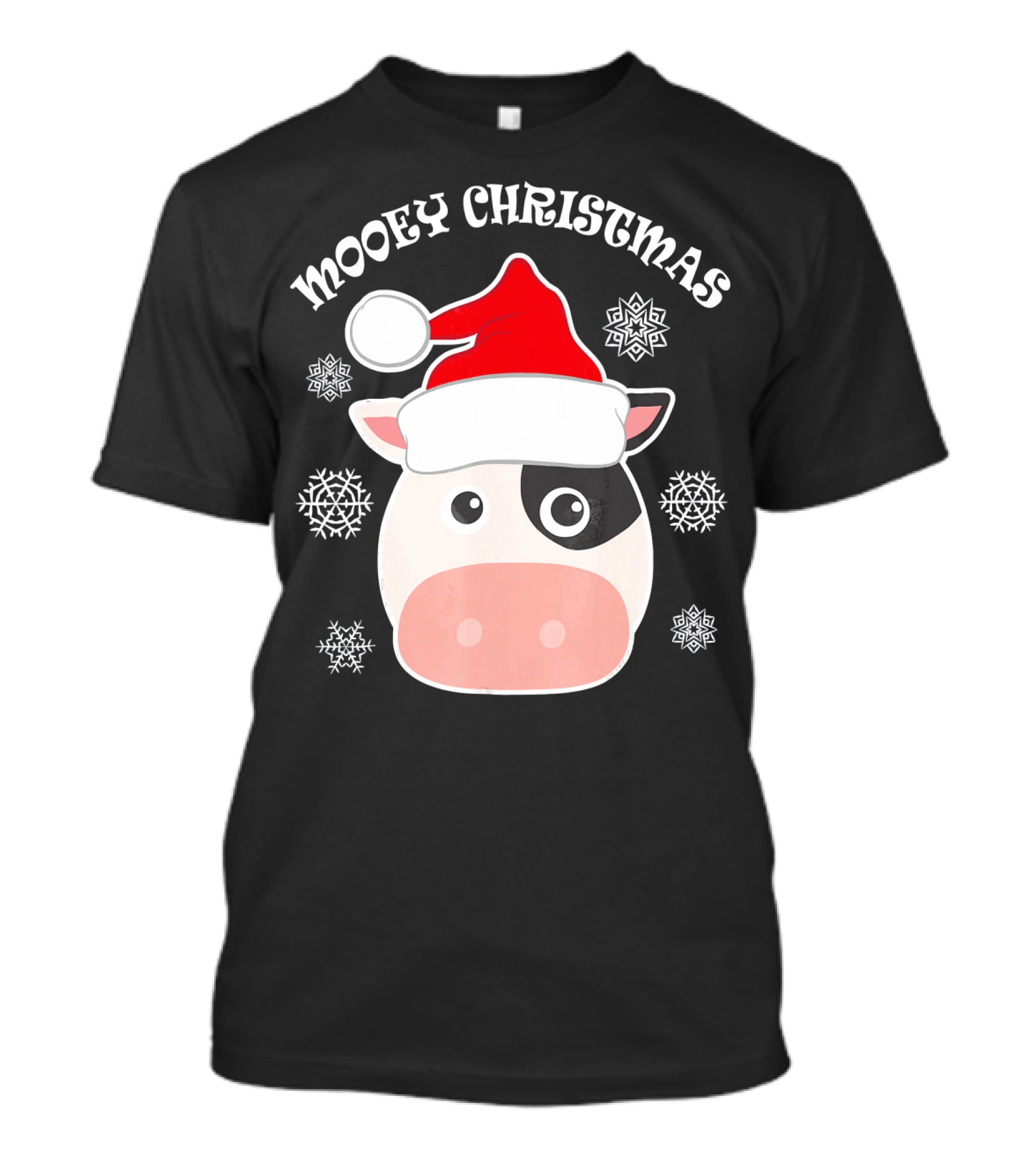 Mooey Christmas Cow Santa Hat Snowflakes T-Shirt