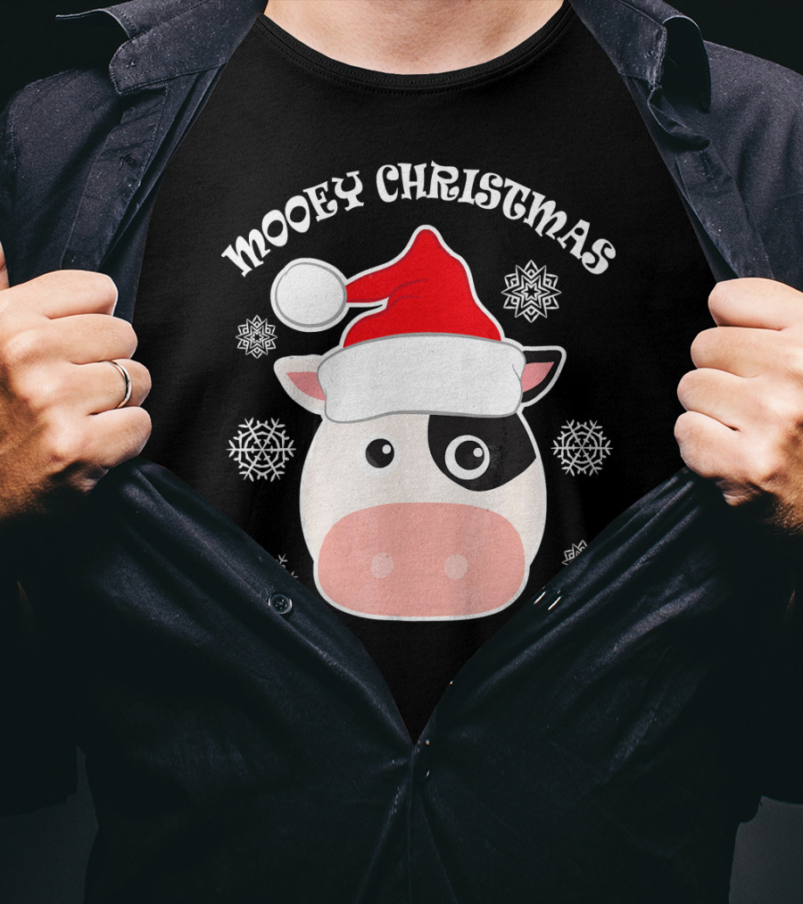 Mooey Christmas Cow Santa Hat Snowflakes T-Shirt