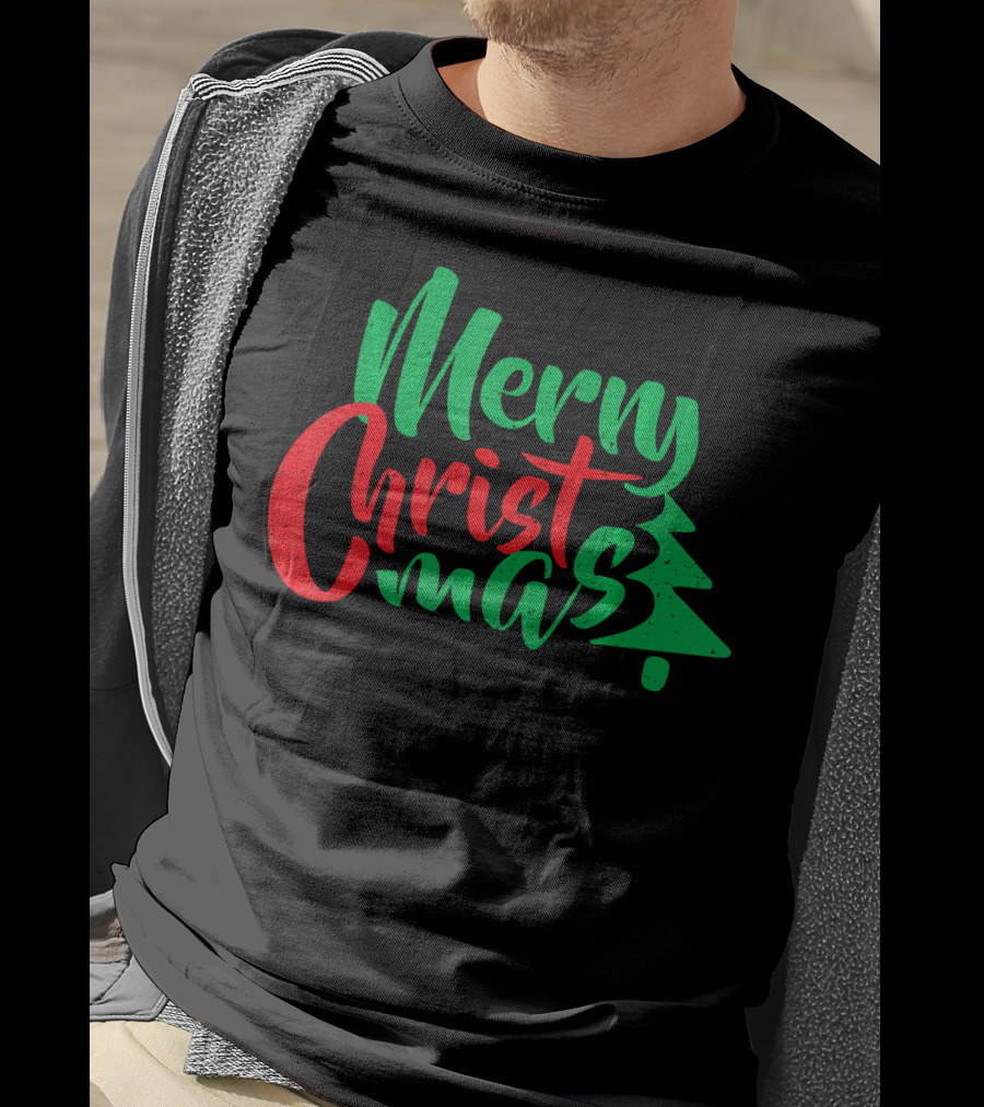 Merry Christmas Tree Design In Festive Red And Green T-Shirt