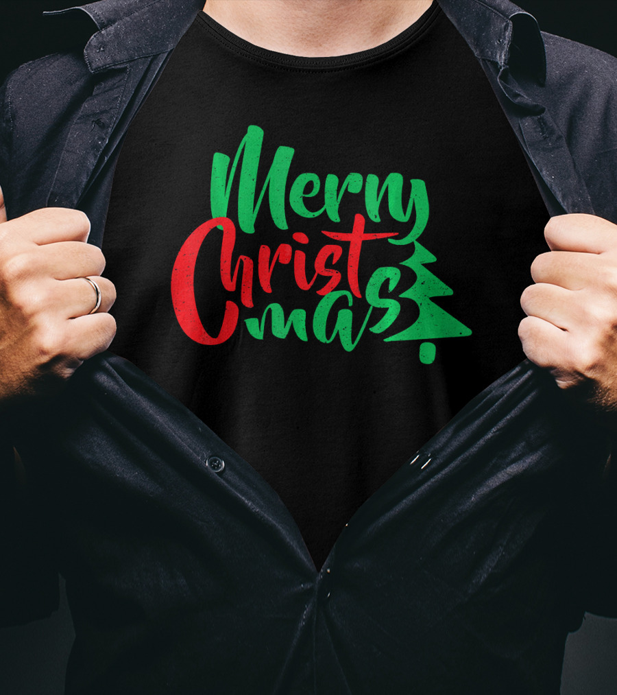 Merry Christmas Tree Design In Festive Red And Green T-Shirt
