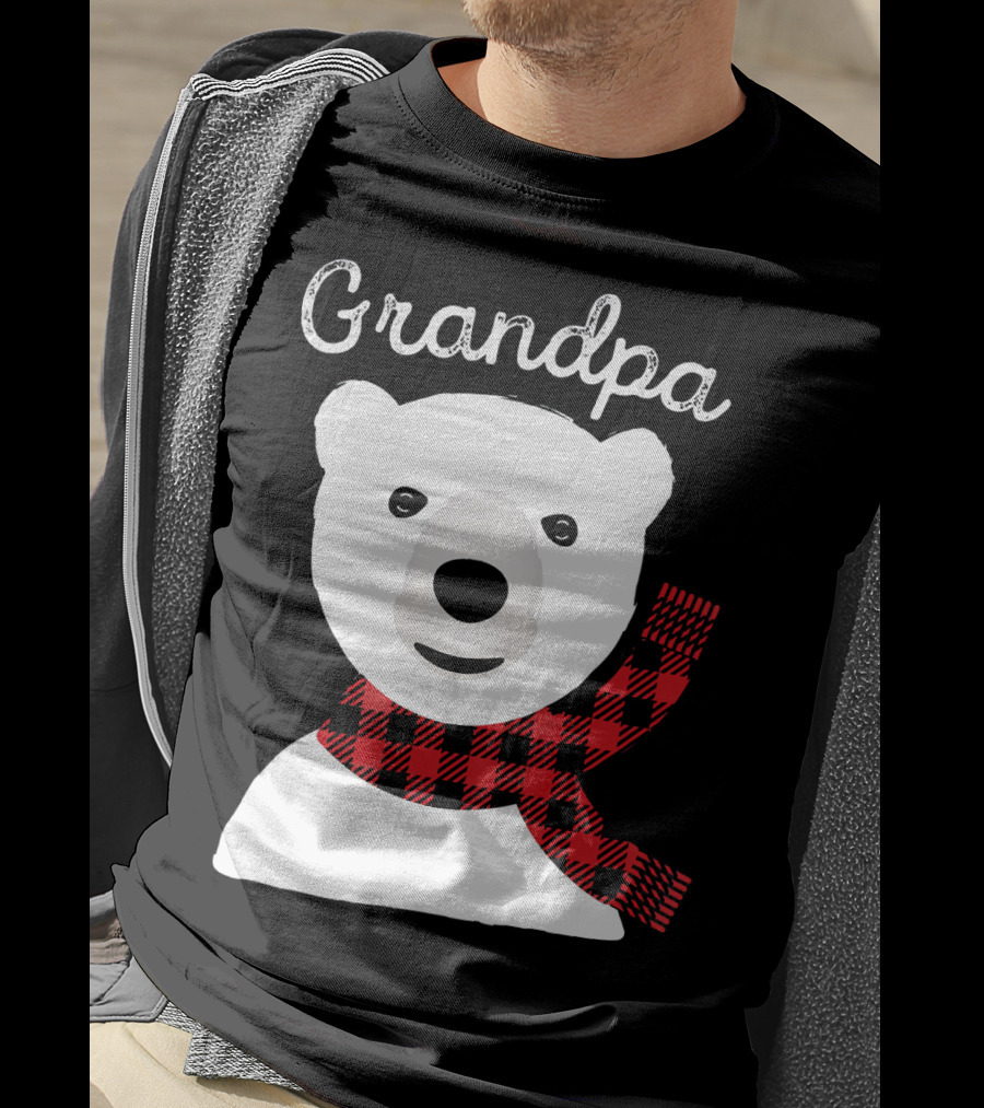 Grandpa Christmas Bear With Red Plaid Scarf Family Matching T-Shirt