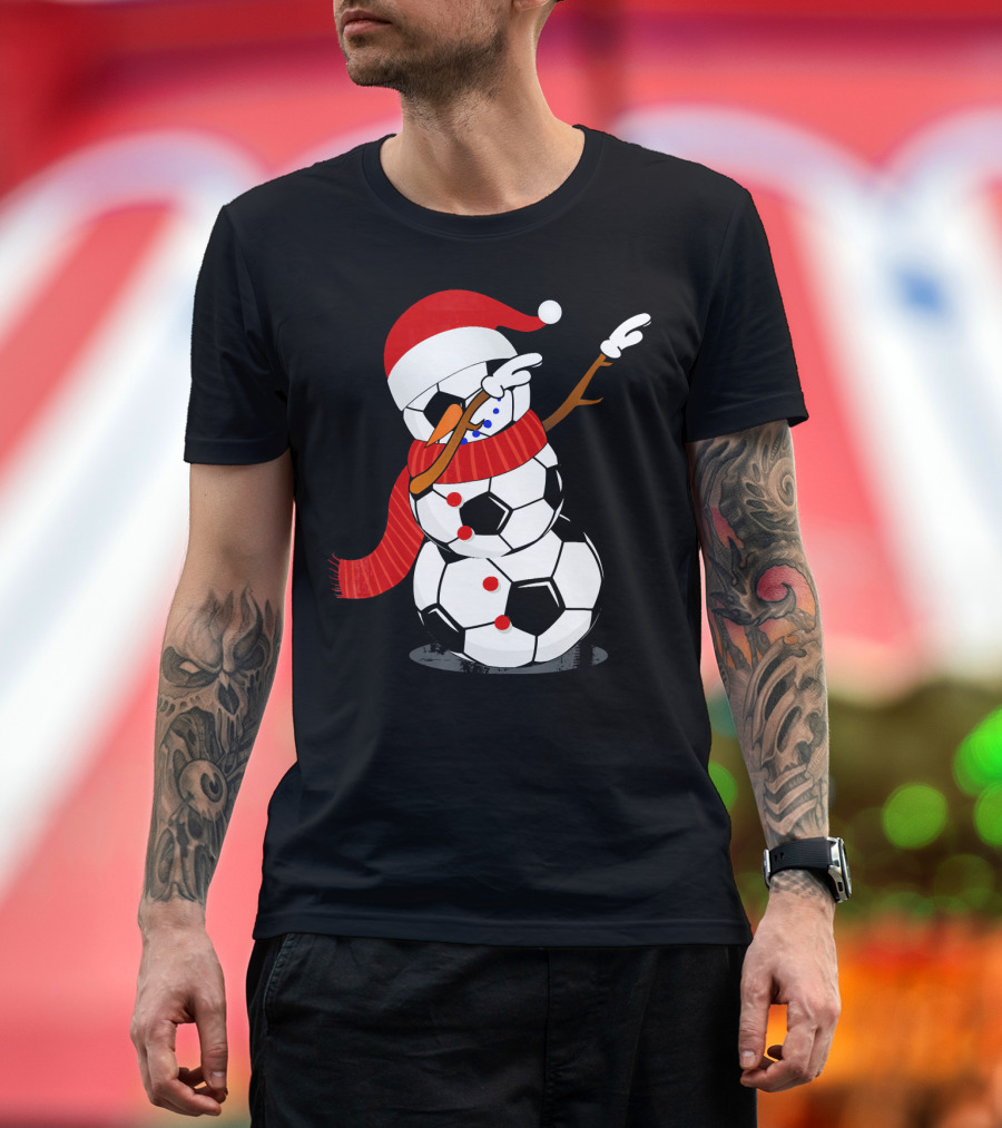 Festive Soccer Ball Dabbing Snowman with Santa Hat and Scarf T-Shirt
