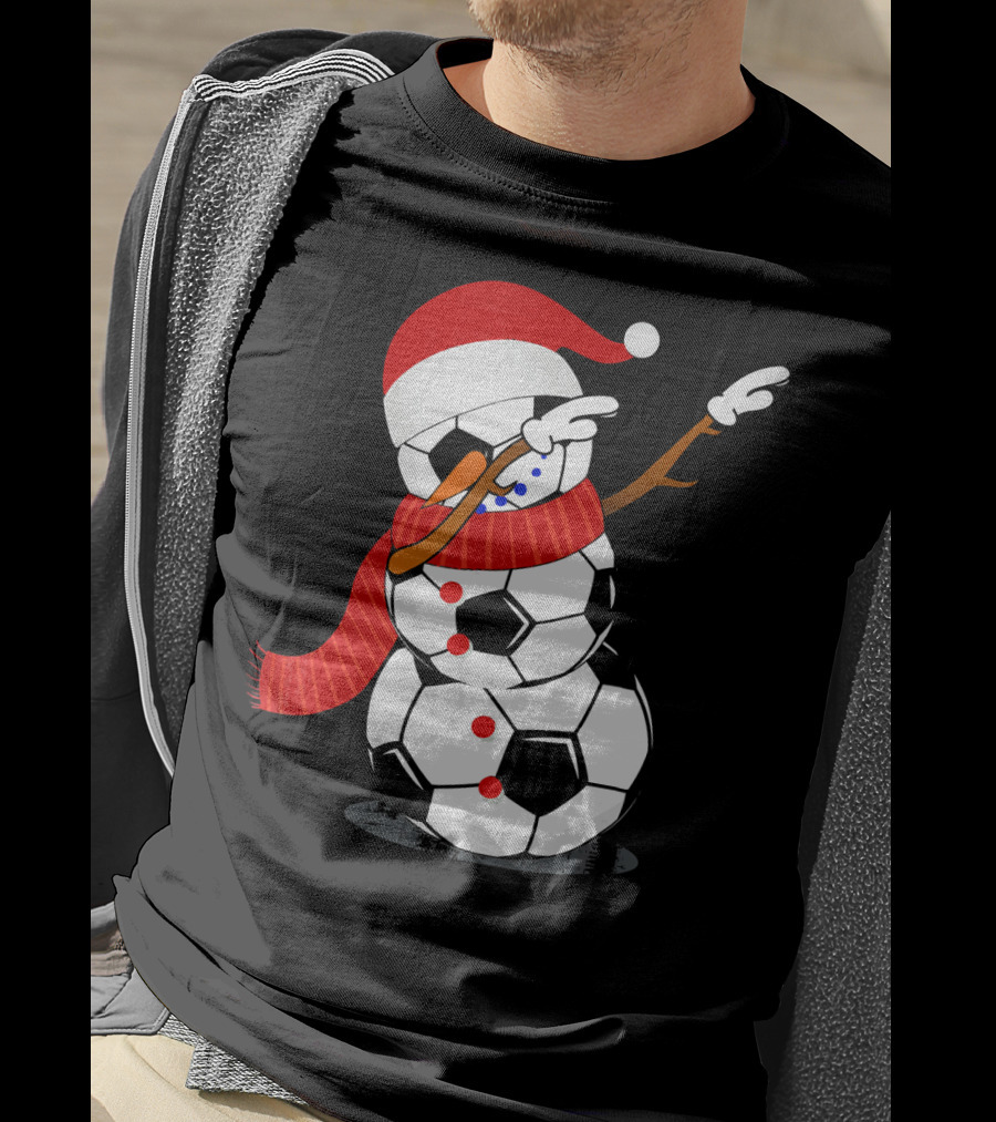 Festive Soccer Ball Dabbing Snowman With Santa Hat And Scarf T-Shirt