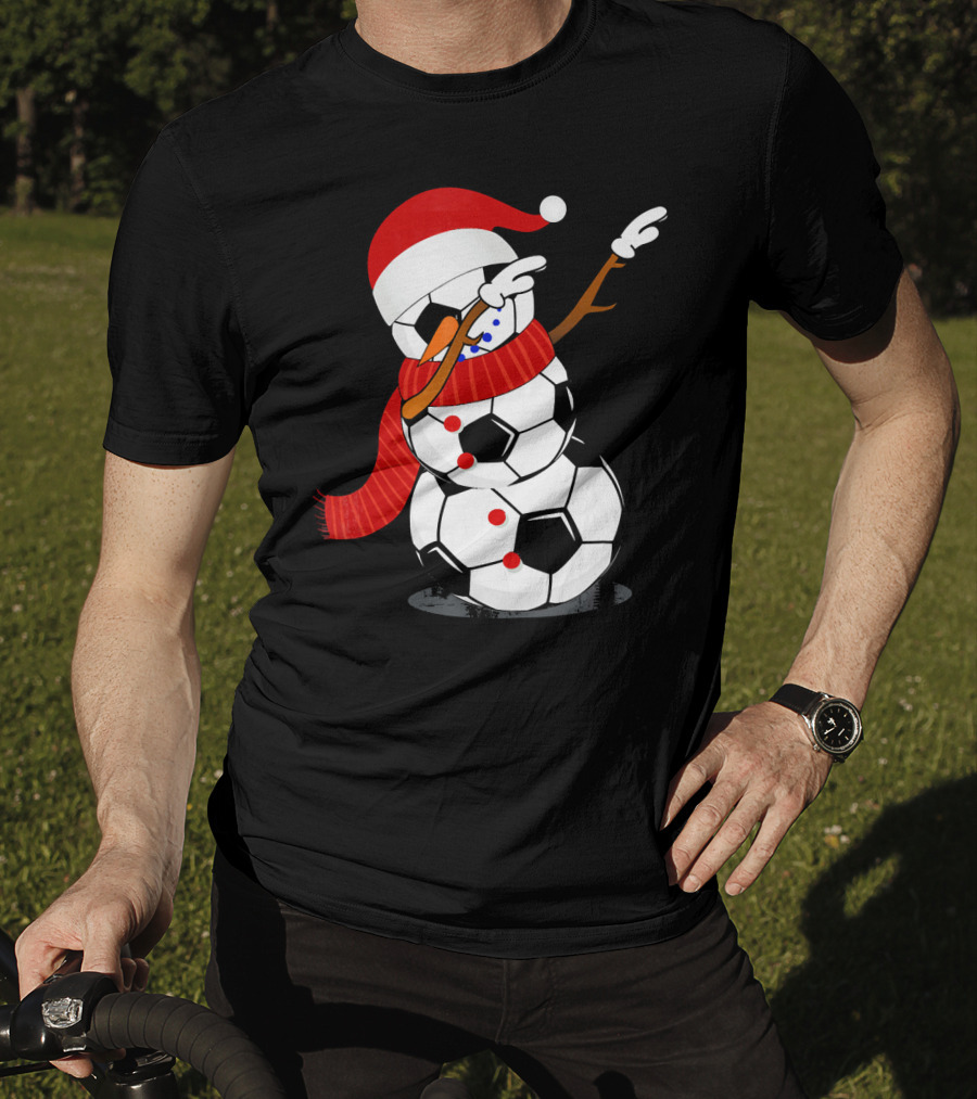 Festive Soccer Ball Dabbing Snowman With Santa Hat And Scarf T-Shirt