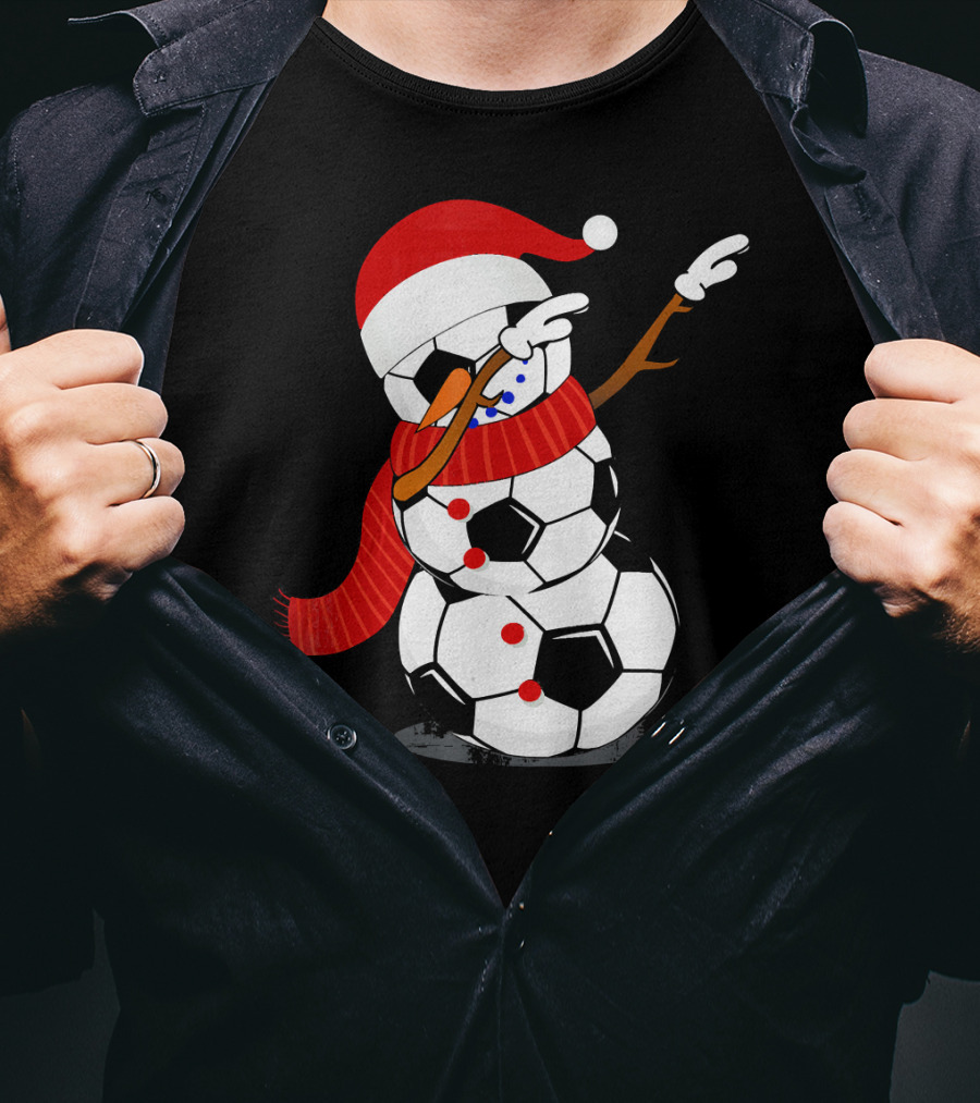 Festive Soccer Ball Dabbing Snowman With Santa Hat And Scarf T-Shirt