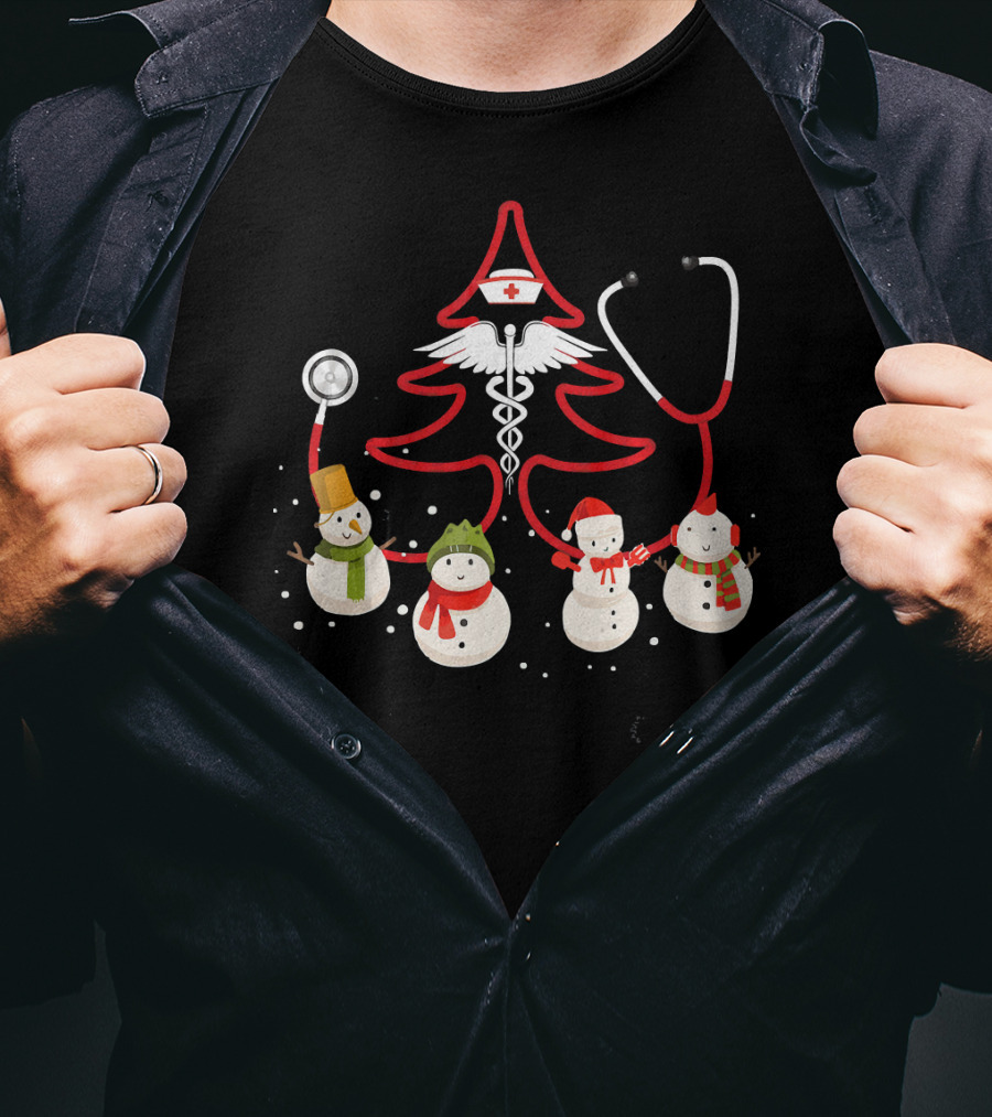 Nurse Christmas Costume Funny Chris Snowmen Stethoscope Tree T-Shirt