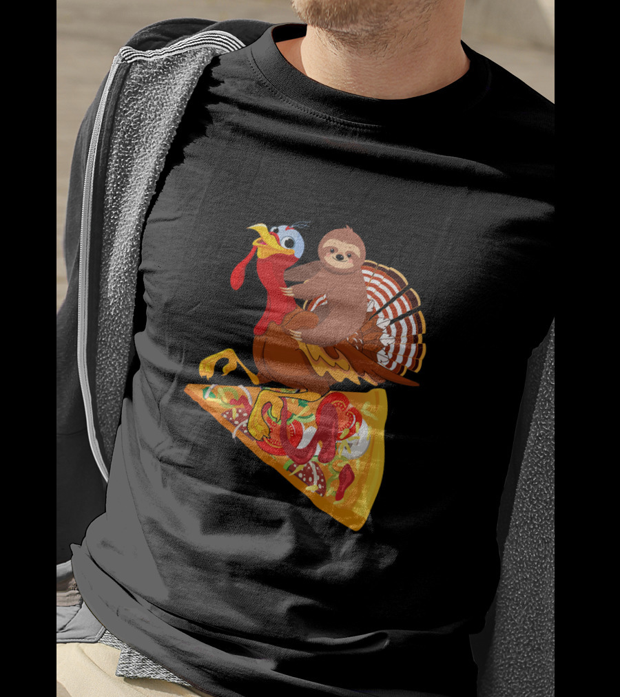 Sloth Riding Turkey On Pizza Slice Surreal Fun T-Shirt