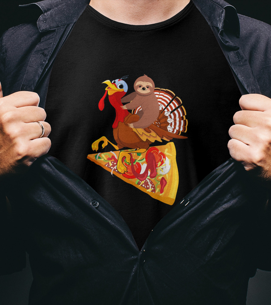 Sloth Riding Turkey On Pizza Slice Surreal Fun T-Shirt