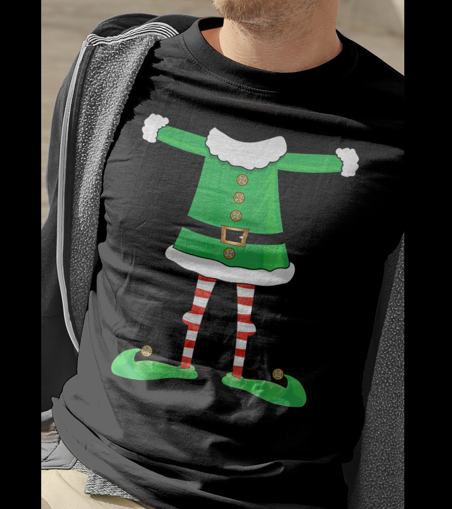 Santa Elf Suit Green Costume With Red Striped Tights And Green Shoes T-Shirt