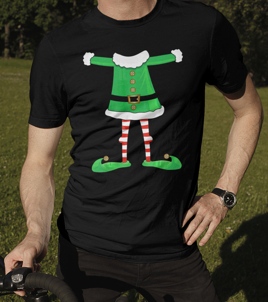 Santa Elf Suit Green Costume With Red Striped Tights And Green Shoes T-Shirt