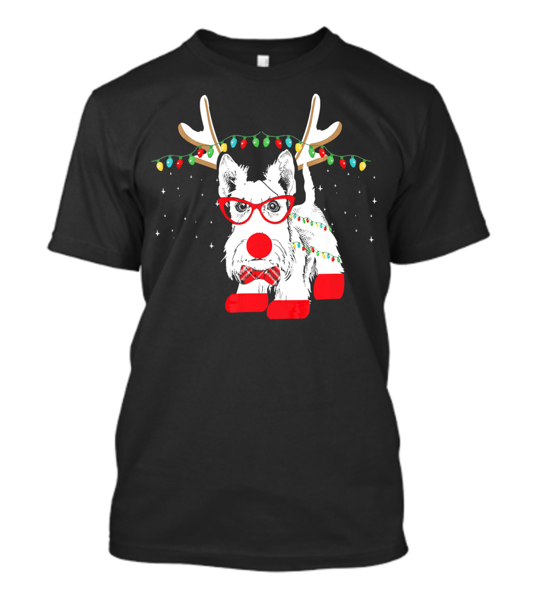 Scottie Dog Christmas Reindeer Lights And Bow Tie T-Shirt