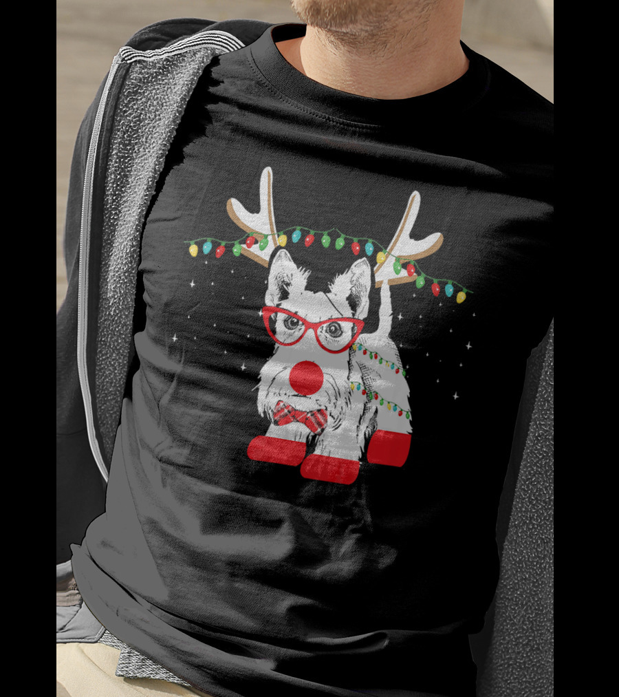Scottie Dog Christmas Reindeer Lights And Bow Tie T-Shirt