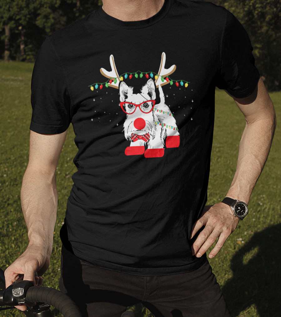 Scottie Dog Christmas Reindeer Lights And Bow Tie T-Shirt