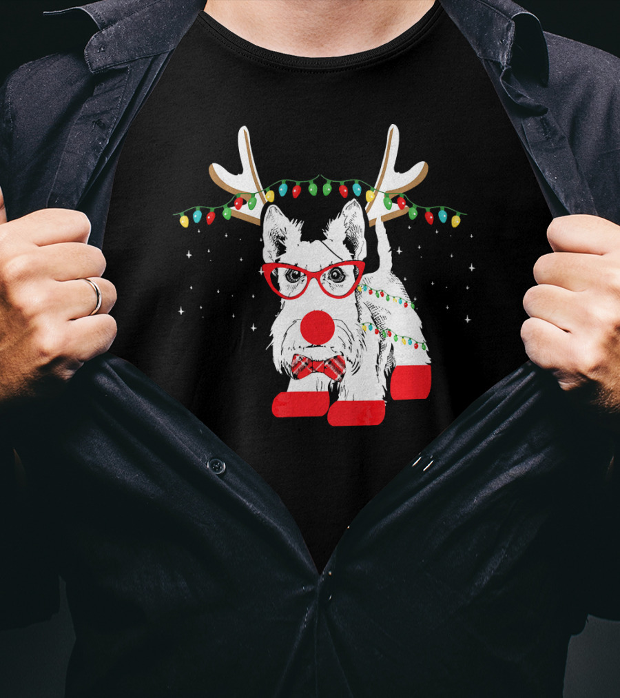 Scottie Dog Christmas Reindeer Lights And Bow Tie T-Shirt