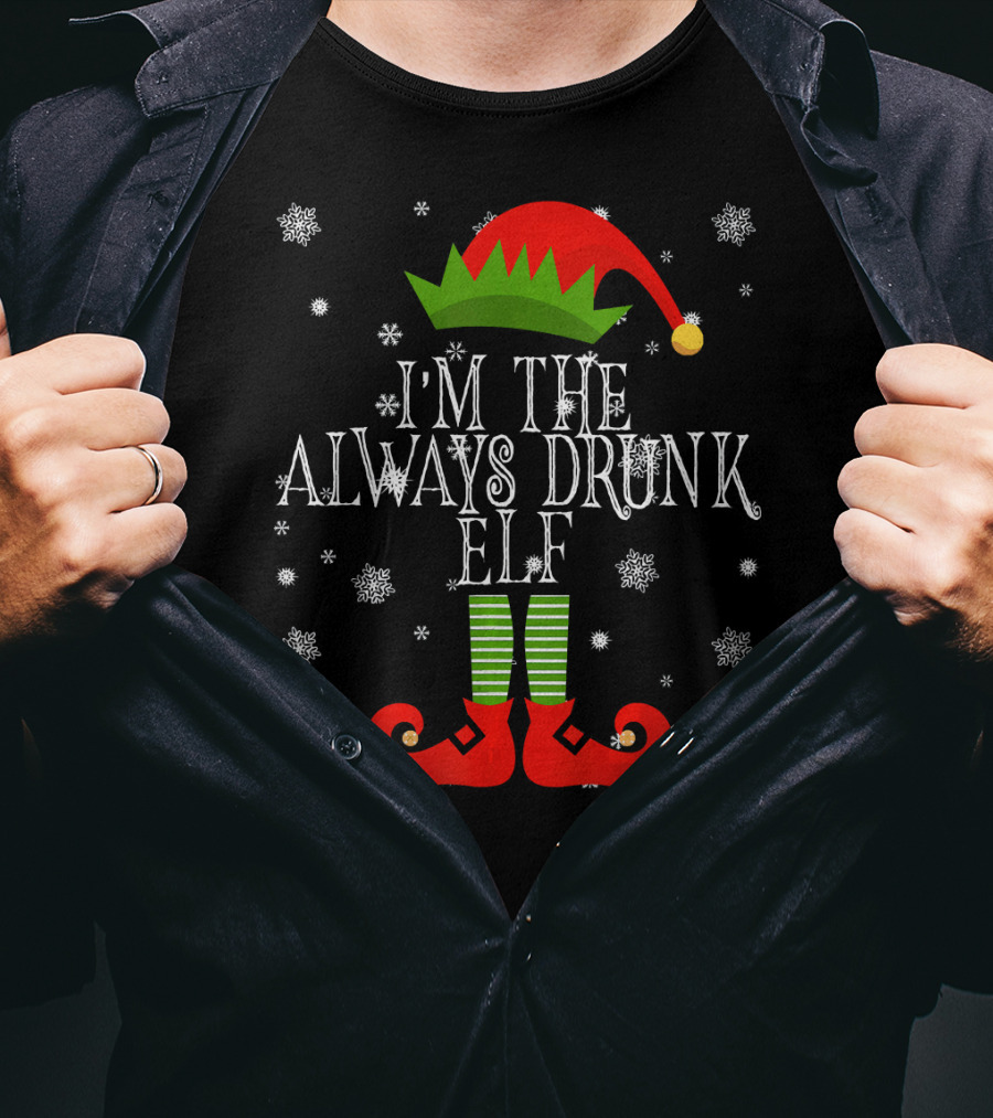 I'm The Always Drunk Christmas Elf Snowflakes Red Hat Green Striped Socks T-Shirt