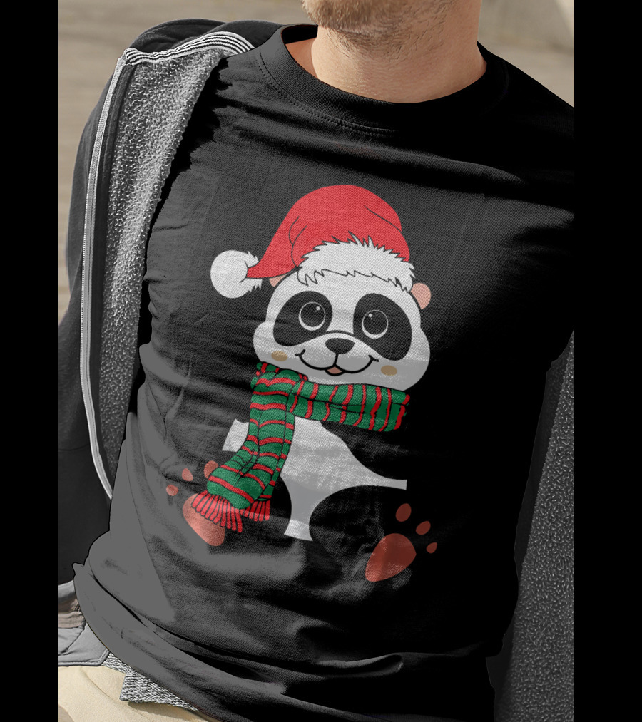 Christmas Panda In Santa Hat And Scarf Winter Vacation T-Shirt