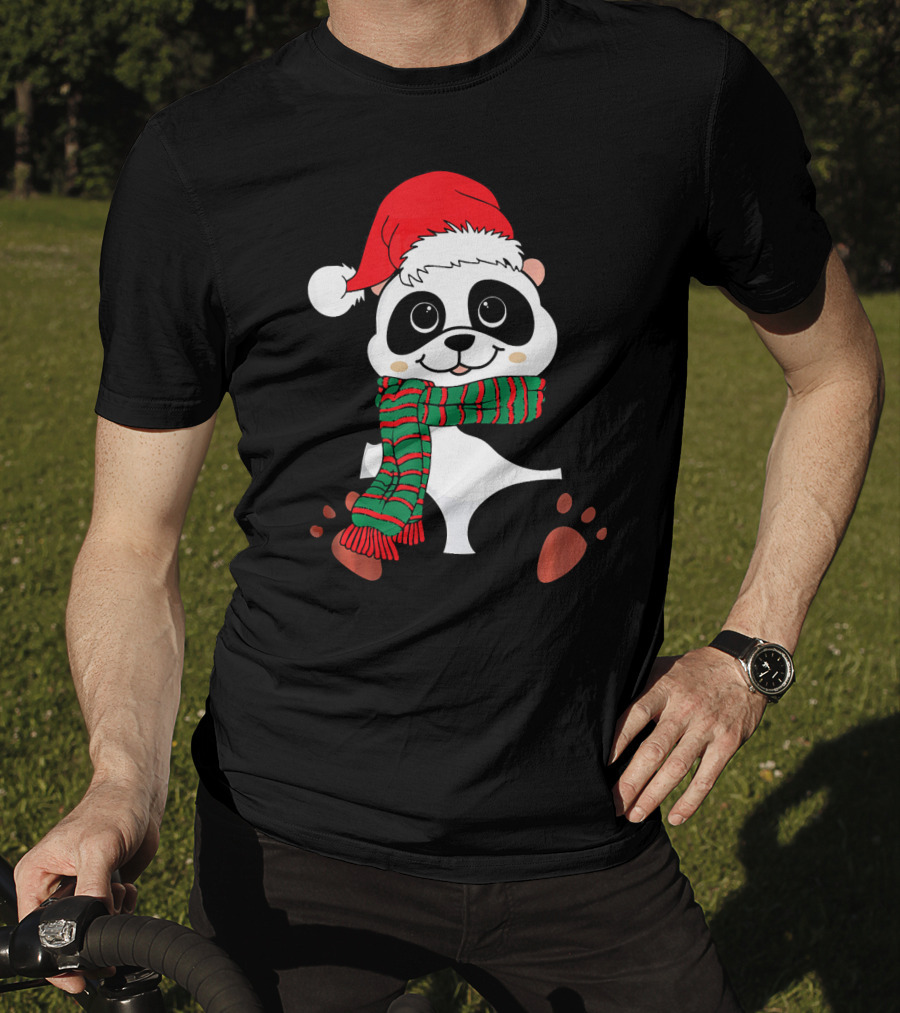 Christmas Panda In Santa Hat And Scarf Winter Vacation T-Shirt