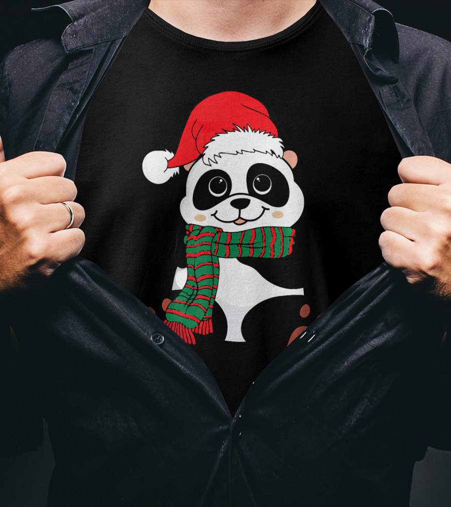 Christmas Panda In Santa Hat And Scarf Winter Vacation T-Shirt