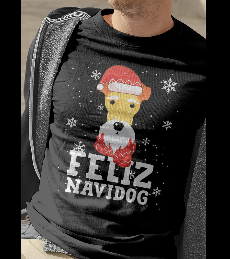 Feliz Navidog Fox Terrier Wire Dog Santa Hat Snowflakes T-Shirt