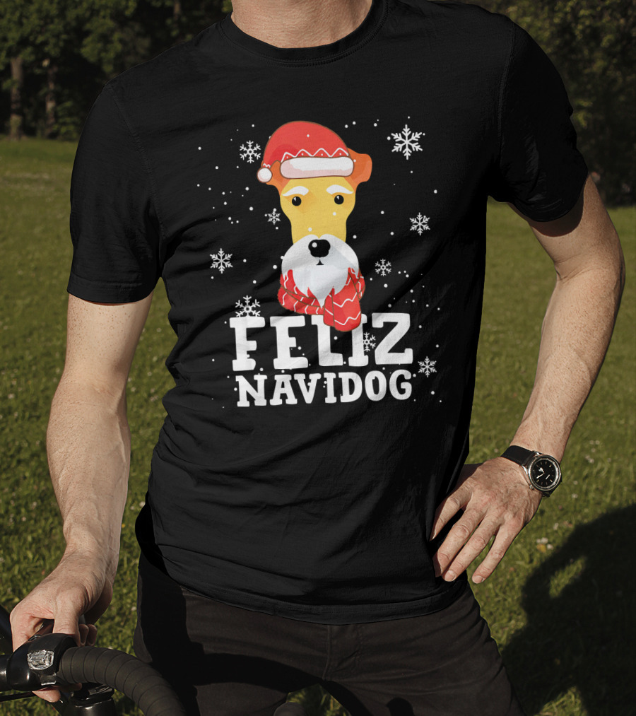 Feliz Navidog Fox Terrier Wire Dog Santa Hat Snowflakes T-Shirt