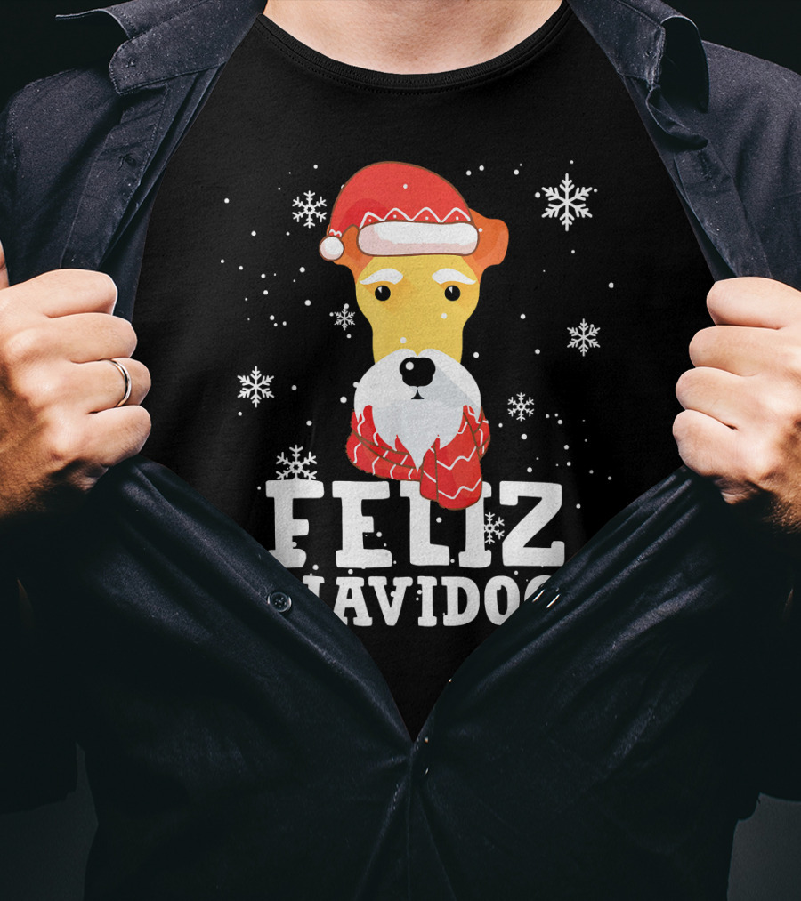 Feliz Navidog Fox Terrier Wire Dog Santa Hat Snowflakes T-Shirt