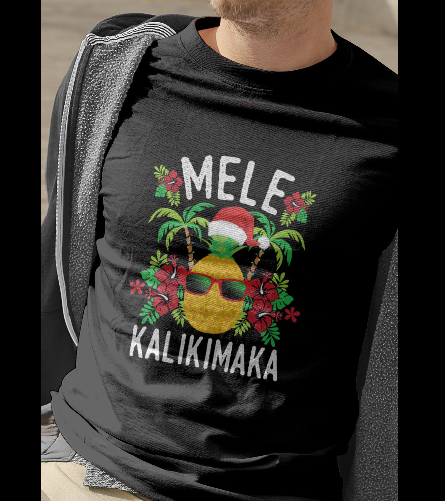Mele Kalikimaka Hawaiian Pineapple Christmas Santa Hat Sunglasses Floral Decor T-Shirt
